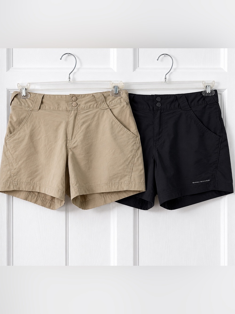 Columbia Lot of 2 Shorts PFG & Omni- Shade 5" Sz 6 Khaki & Black Nylon Outdoor